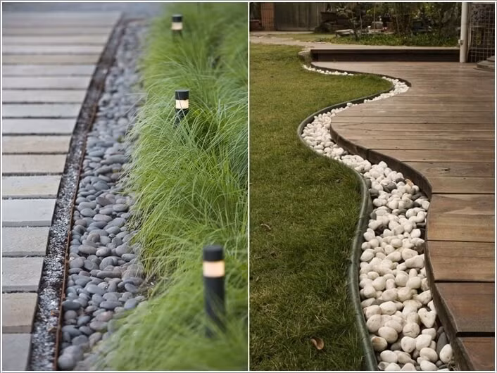 Đá sỏi trang hoàng lối đi trong sân vườn ấn tượng.