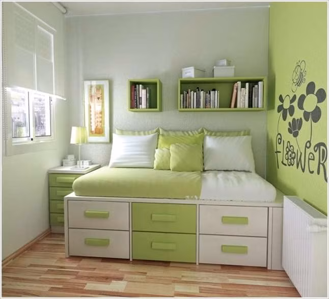 Thêm một kiểu giường có ngăn kéo màu trắng xanh đẹp mắt.