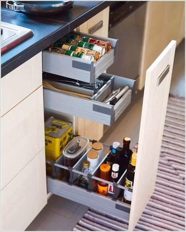 Mỗi ngăn tủ sẽ được sử dụng để chứa một loại đồ dùng nhà bếp riêng.