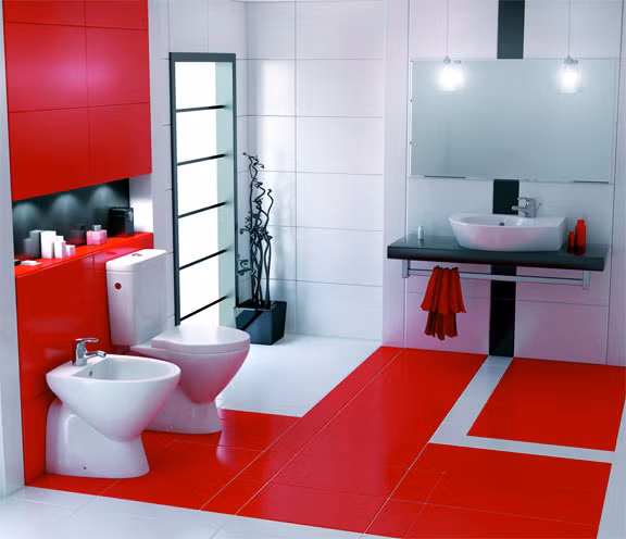 Màu đỏ-trắng cũng là một gợi ý lý tưởng để trang trí nhà tắm nổi bật.