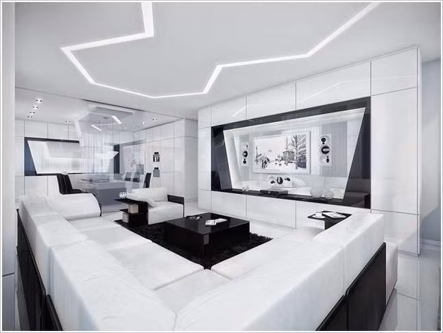 Một kiểu thiết kế nội thất phòng khách với gam màu trắng nhiều hơn, ít màu đen nhằm tạo cho không gian rộng rãi, sáng sủa.