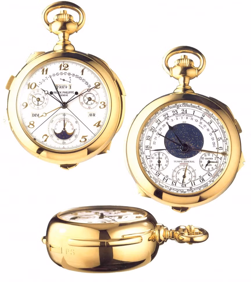 7. Patek Philippe Calibre 89, giá 5 triệu USD: Hãng sản xuất đồng hồ cao cấp Patek Philippe đã quyết định kỷ niệm 150 năm ngày thành lập công ty bằng việc chế tạo ra chiếc đồng hồ phức tạp này. Chiếc đồng hồ này có tới 18 biến thể (tính năng) và có hai mặt. Ngoài các tính năng thông thường của một chiếc đồng hồ, nó còn có thêm các tính năng khác như một bản đồ các ngôi sao, nhiệt kế, chỉ báo hướng mặt trời mọc và mặt trời lặn, la bàn, các chu kì trăng…
