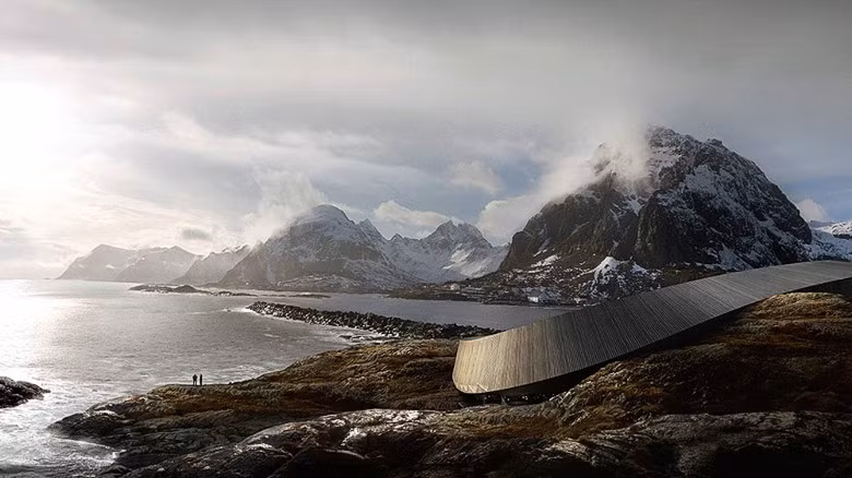 Khách sạn Lofoten Opera (Na Uy): Khách sạn Lofoten Opera nằm giữa lòng núi đẹp như tranh vẽ tại quần đảo Lofoten phía tây nam Nauy. Khách sạn bao gồm 1 sàn trung tâm nổi trên mặt đất hình bậc thang mang phong đậm chất cổ đại của vùng Scandinavi, bao xung quanh là vòng xoáy ốc làm bằng đá, là 1 trong 18 công trình trọng điểm của quốc gia thúc đẩy ngành du lịch nước này. Dự kiến mở cửa vào cuối năm 2015.