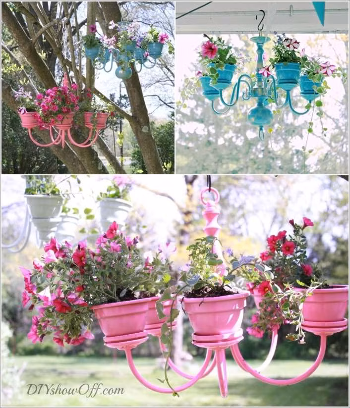Với những chiếc đèn chùm cũ, bạn có thể sơn lại và đổ đất vào trồng cây.