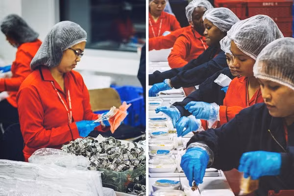 Còn quá trình xếp đồ ăn, dao, dĩa với khoang phổ thông được thực hiện đơn giản hơn. Do số lượng khách hàng lớn nên cần rất nhiều nhân viên cùng thực hiện mới đảm bảo được tiến độ công việc.