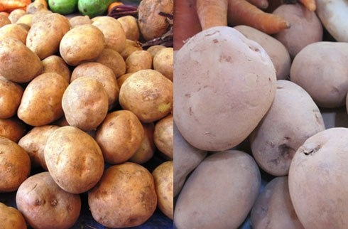Dưới đây là những hình ảnh giúp người tiêu dùng dễ phân biệt rau củ Trung Quốc hơn. Khoai tây Trung Quốc (ảnh phải) là giống khoai ruột trắng ăn nhạt, sượng. Khoai tây Đà Lạt (trái) vỏ mỏng, dễ bong tróc, mắt khoai nhỏ, ruột vàng, ăn bở.