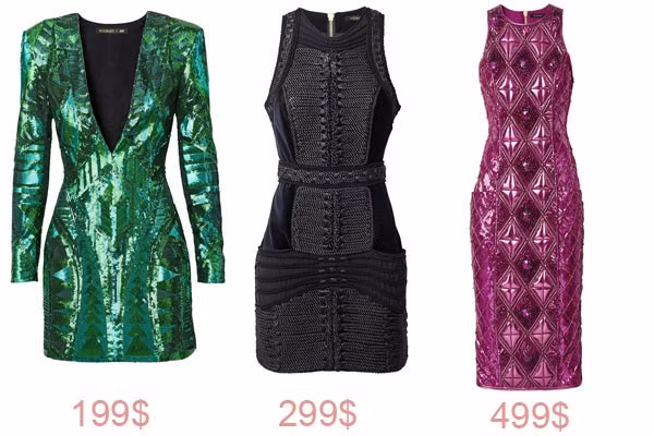 Sự kết hợp của hai thương hiệu này sẽ giúp giới yêu thời trang sở hữu sản phẩm hàng hiệu với mức giá khá mềm. Đầm sequin xanh lá cổ V xẻ sâu rất sexy có giá 199 USD, đầm sát nách màu chất liệu nhung màu xanh tím than có giá 299 USD, đầm đính đá màu hồng có giá 499 USD.