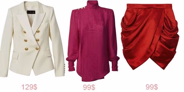 Áo vest trắng có giá 129 USD, áo lụa hồng cổ cao có giá 99 USD, chân váy lụa dáng wrap có giá 129 USD.