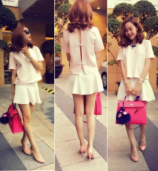 Cô nàng xinh tươi và trẻ trung với túi Hermes Kelly hồng trị giá khoảng hơn 200 triệu đồng.