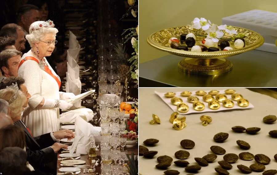Nữ hoàng Elizabeth II chiêu đãi Tổng thống Pháp Nicolas Sarkozy (trái) và món tráng miệng trong bữa tiệc (phải).