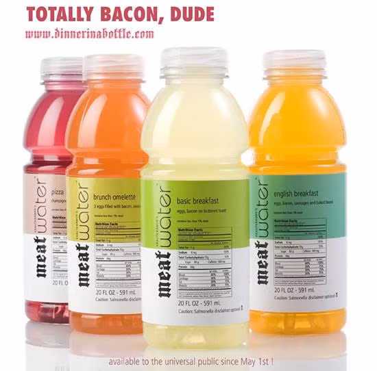 Nước giải khát có vị thịt: Nước đóng chai hương vị thịt là sản phẩm của hãng Buffalo Wings, Mỹ, gồm các hương vị thịt quen thuộc như bò, heo, gà hoặc loại lạ miệng như thịt ngựa. Uống loại nước đóng chai này bạn sẽ có cảm giác giống như ăn bữa tối với cả hương vị thịt nướng, thịt viên Ý, hàu chiên, bánh pizza.