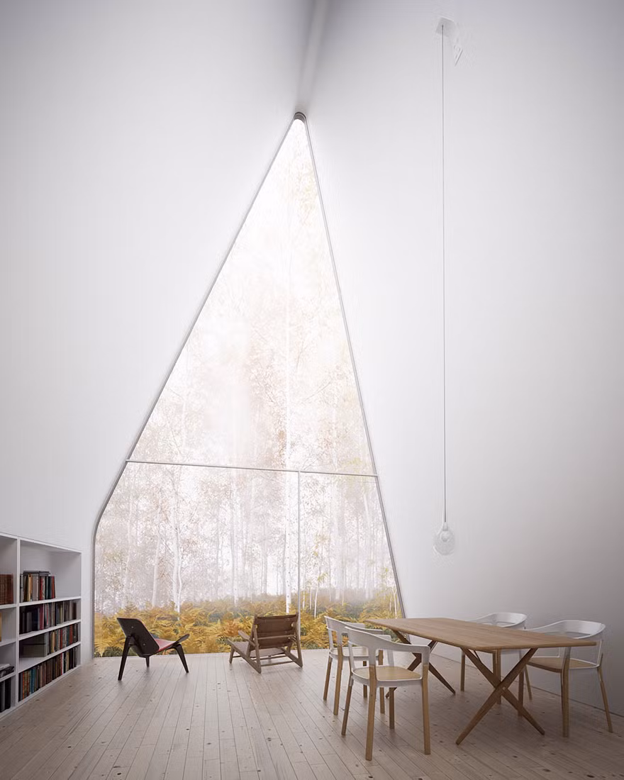 Căn phòng ở Anh với tầm nhìn ra khu rừng rộng lớn.