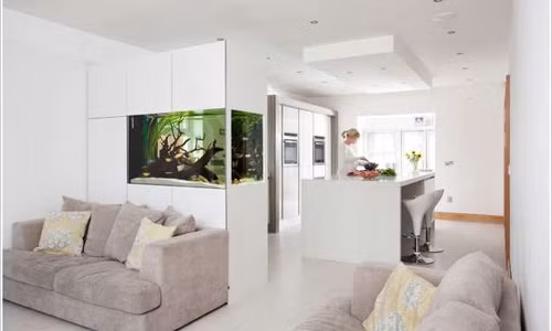 Bạn có thể thiết kế bức tường ngăn cách giữa các phòng độc đáo với một bể cá xinh xắn.