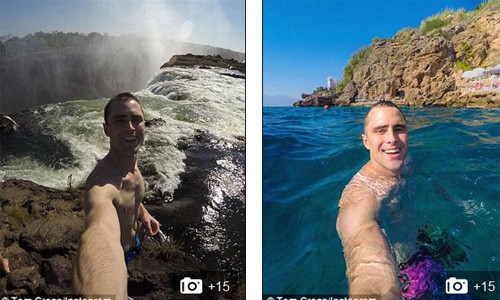 Chàng phi công trẻ chụp tại thác nước Victoria Falls ở châu Phi (trái) và bơi ở biển Địa Trung Hải ở Thổ Nhĩ Kỳ.