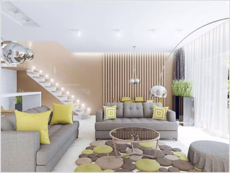 Chiếc thảm trải sàn trang trí phòng khách hình sỏi đá mang đến cảm giác mát mẻ, sinh động cho căn phòng.