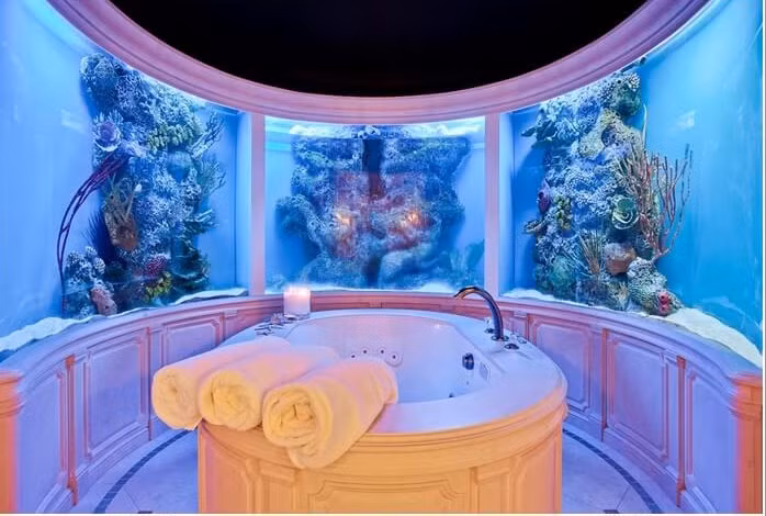 Phòng tắm độc đáo với các bức tường là bể cá khổng lồ.