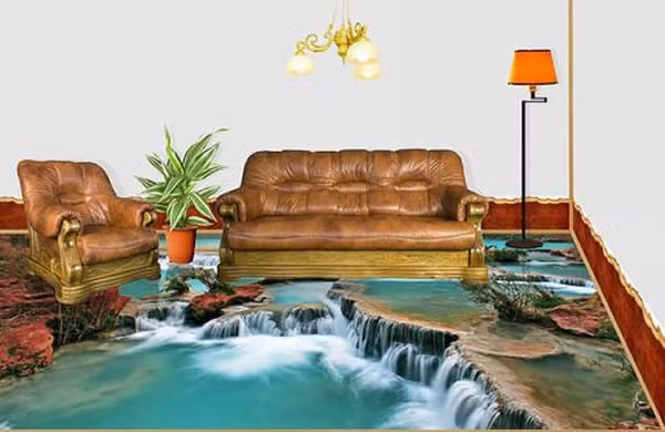 Phòng khách trên sàn nhà 3D mát mẻ.