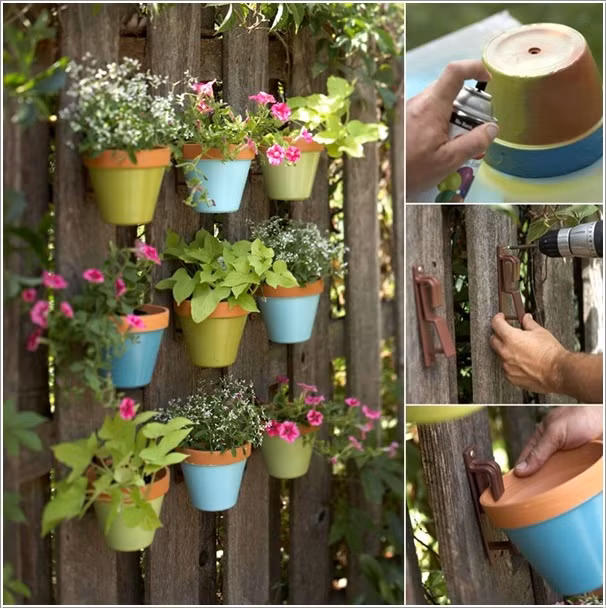 Những chậu hoa trang trí nhà được phun màu sắc bắt mắt.