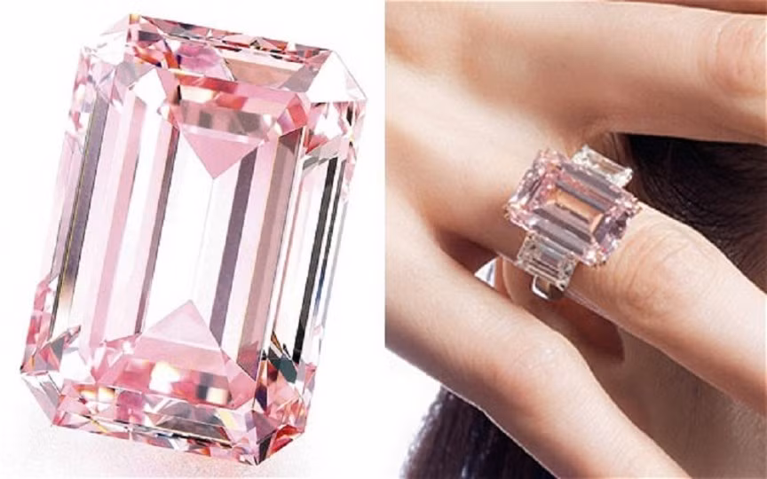 8. Viên kim cương Perfect Pink, 23 triệu USD: Viên kim cương Perfect Pink nặng 14,23 carat được bán trong phiên đấu giá của Christie tại Hong Kong với giá 23 triệu USD. Theo Christie, trong vòng 244 năm lịch sử đấu giá chỉ có 18 viên kim cương màu hồng tinh khiết nặng hơn 10 carat.