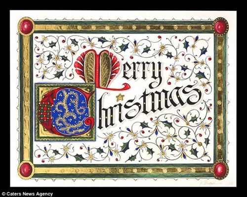 Tấm thiệp Giáng sinh làm trên da dê, có viền bằng vàng 23 carat và đính đá quý có giá lên tới 10.000 USD (tương đương hơn 200 triệu đồng).