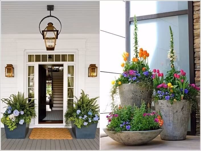 Trang trí hiên nhà với các chậu hoa là cách tạo ấn tượng tốt đẹp đầu tiên với khách đến chơi nhà.