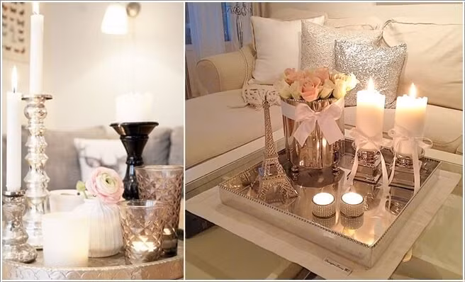 Cách thắp nến tạo ánh sáng dịu nhẹ sẽ khiến không gian phòng khách nên thơ, lãng mạn.