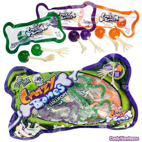 Kẹo mút Crazy Bones: Đó là những viên kẹo mút hình xương cánh tay và xương chân nhỏ. Hiện, loại kẹo này có 3 loại vị trái cây là táo xanh, cam và nho.