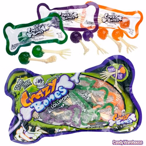 Kẹo mút Crazy Bones: Đó là những viên kẹo mút hình xương cánh tay và xương chân nhỏ. Hiện, loại kẹo này có 3 loại vị trái cây là táo xanh, cam và nho.
