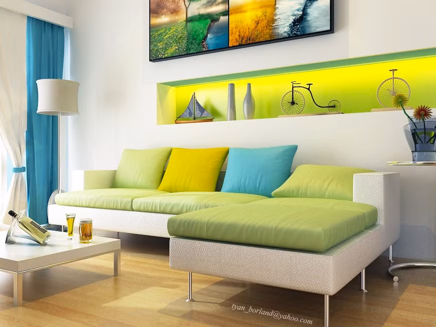 Màu xanh lá kết hợp với những tông màu dịu nhẹ một cách hài hòa.