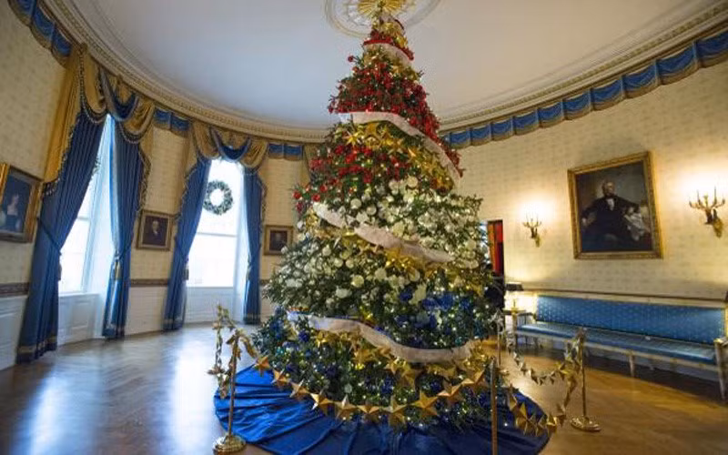 Nhà Trắng (Mỹ) trang hoàng đón Giáng sinh với cây thông cao 15m ở phòng Xanh.