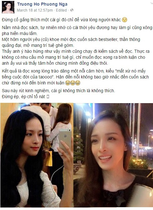 Status cuối cùng của Trương Hồ Phương Nga bị dư luận nhận xét là giả tạo.