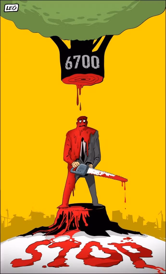 Bức ảnh này chuyển tải thông điệp phản đối giết cây xanh một cách nặng đô hơn.