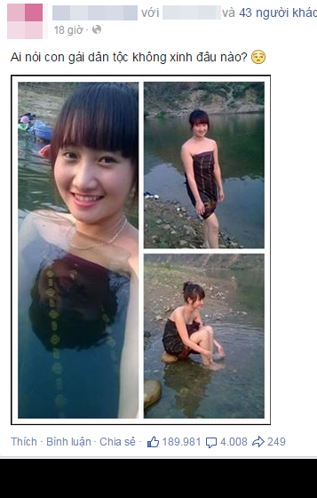 Vài ngày qua, loạt ảnh về cô gái xinh đẹp được cho là nữ sinh dân tộc Thái tại Lai Châu đã khiến thành viên nhiều các trang fanpage lớn nhỏ quan tâm, xôn xao bàn tán. Loạt ảnh cô gái nhỏ nhắn tắm suối, chụp ảnh "tự sướng" nhận được gần 200 nghìn lượt thích.