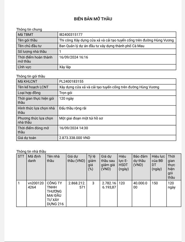 Ca Mau: Cong ty 216 va goi thau cai tao tuyen cong duong Hung Vuong