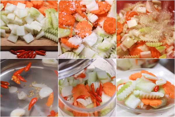 Có thể thái cà rốt, su hào hoặc đu đủ ướp với giấm, đường, tỏi, ớt để làm dưa góp ăn kèm.