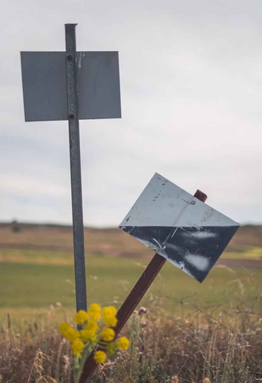 Khoảnh khắc một chiếc biển bị đổ, khiến hình ảnh trên đó trùng với dải đất phía xa. (Nguồn Bored Panda)