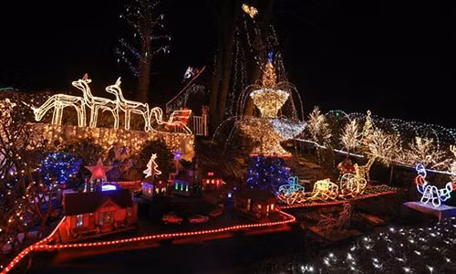 Các bóng đèn được trang trí với đầy đủ cây thông, tuần lộc và các loại quà.