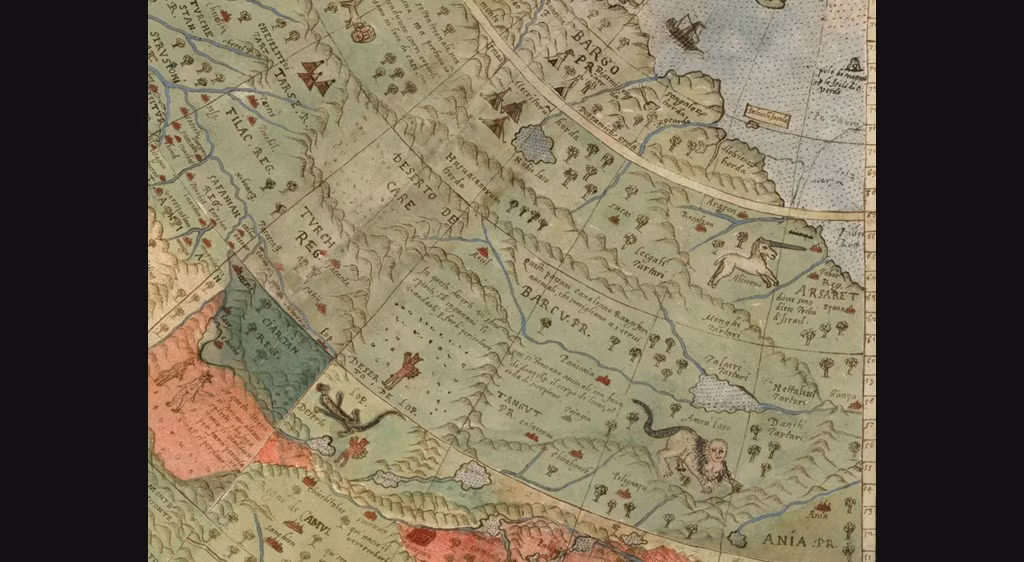 Tấm bản đồ có kích thước "khủng" được tạo thành từ 60 trang riêng lẻ chứa những thông tin về khí hậu, hải quan, thời gian trong ngày và khoảng cách với các địa điểm lân cận.