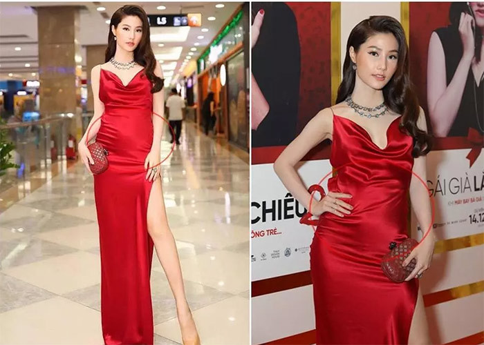 Diễm My 9x từng bị "váy áo phản chủ" khi diện chiếc váy lụa đỏ ôm sát làm vòng hai của cô nhô lên như đang có em bé. (Ảnh: 2sao)