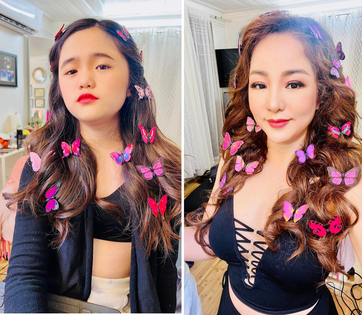 Theo đó, nữ nghệ sĩ hài hóm hỉnh chia sẻ về cô con gái 11 tuổi: "Hồi nhỏ cắt tóc bum bê cho chị thì nhìn chị giống con gái MC Trác Thuý Miêu. Lớn một chút để tóc dài uốn lọn sơ qua cái nhìn bà giống em gái của nhỏ Lâm Vỹ Dạ".