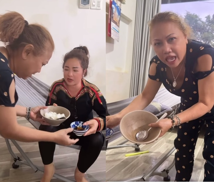 Danh hài Thúy Nga được đàn chị mời thưởng thức món cơm trắng từ gạo do nhà trồng và nước mắm tự làm.