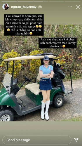Á hậu Huyền My từng không ngại công khai sự cố diện đồ ngược đi đánh golf của mình. Chụp ảnh "sống ảo" chán chê, mỹ nhân Việt mới phát hiện mình mặc váy ngược và phải chỉnh sửa lại.