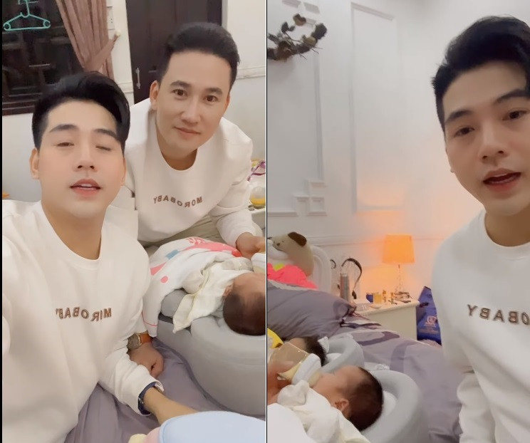 Nhiều khi cả hai phải thức đến rạng sáng, tranh thủ chợp mắt một lúc rồi lại dậy để lo pha sữa, thay bỉm... cho hai thiên thần. Mỗi khi bận việc, cặp sao lại nhờ đến sự hỗ trợ của hai bên gia đình trong việc chăm con.