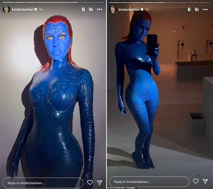 Kim Kardashian hóa thân thành nhân vật Mystique trong X-men. Ngôi sao truyền hình thực tế sơn toàn bộ thân hình màu xanh nước biển, phô bày ba vòng cực kỳ gợi cảm. (Ảnh: Instagram)