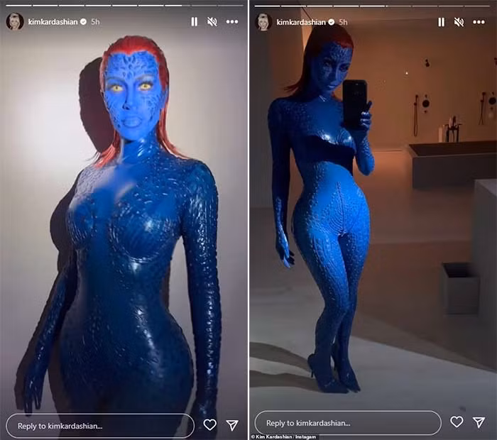 Kim Kardashian hóa thân thành nhân vật Mystique trong X-men. Ngôi sao truyền hình thực tế sơn toàn bộ thân hình màu xanh nước biển, phô bày ba vòng cực kỳ gợi cảm. (Ảnh: Instagram)