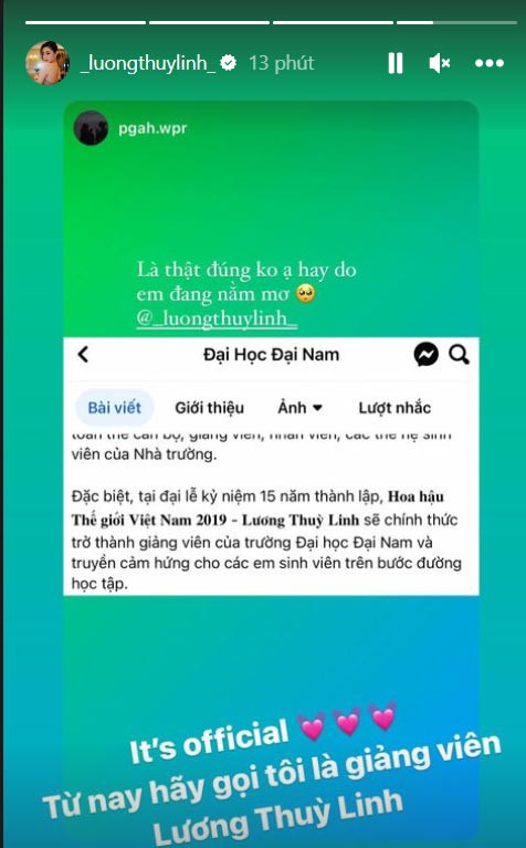 Người đẹp 22 tuổi chia sẻ trên trang cá nhân: "Từ nay hãy gọi tôi là giảng viên Lương Thùy Linh". (Ảnh: saostar)