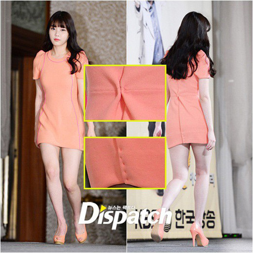 Không chỉ mỹ nhân Việt, sao Hàn cũng có muôn kiểu "chữa cháy" trang phục cho vừa vặn với cơ thể. Nữ ca sĩ IU để lộ đường may vội ở phần eo. Ảnh: Dispatch.