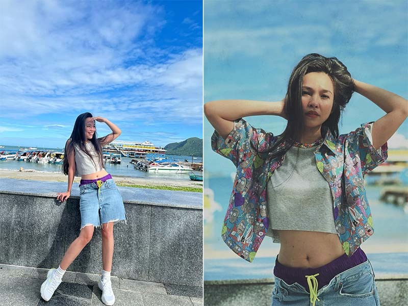 Chỉ đơn giản là quần short lửng, áo phông ba lỗ crop top, khoác ngoài thêm chiếc sơ mi cộc tay nhiều họa tiết, nhìn ca sĩ Hiền Thục cứ ngỡ mới vừa tròn đôi tám.