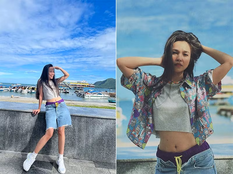 Chỉ đơn giản là quần short lửng, áo phông ba lỗ crop top, khoác ngoài thêm chiếc sơ mi cộc tay nhiều họa tiết, nhìn ca sĩ Hiền Thục cứ ngỡ mới vừa tròn đôi tám.