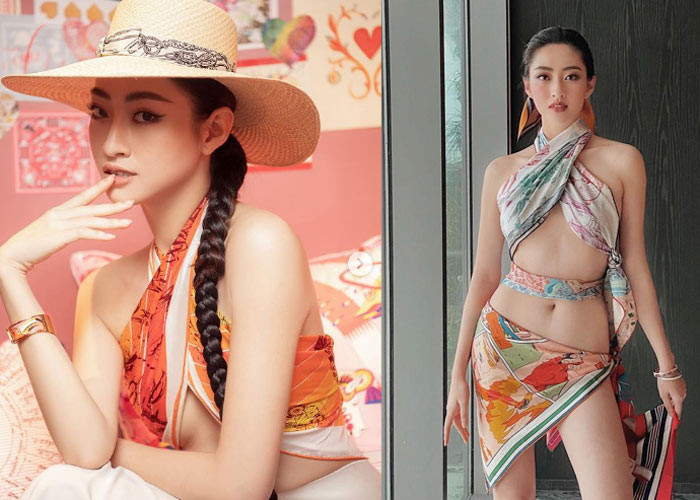 Hoa hậu Thế giới Việt Nam 2019 Lương Thuỳ Linh rất thích biến tấu khăn thành áo để khoe được vòng một đẹp mắt.